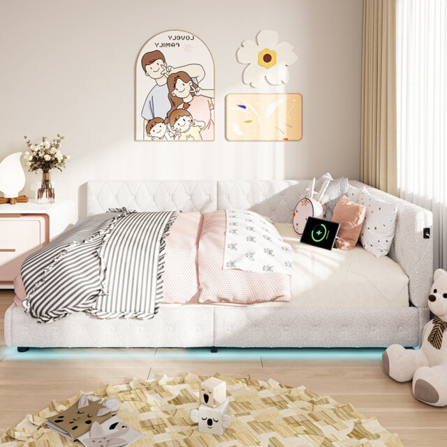 Vicksburg Double Bed Frame with Headboard, Teddy Velvet Upholstered Bed with USB Charging Port and LED Light Strip Under Bed, Sofa Style Bed Frame wit