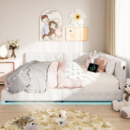 Vicksburg Double Bed Frame with Headboard, Teddy Velvet Upholstered Bed with USB Charging Port and LED Light Strip Under Bed, Sofa Style Bed Frame wit