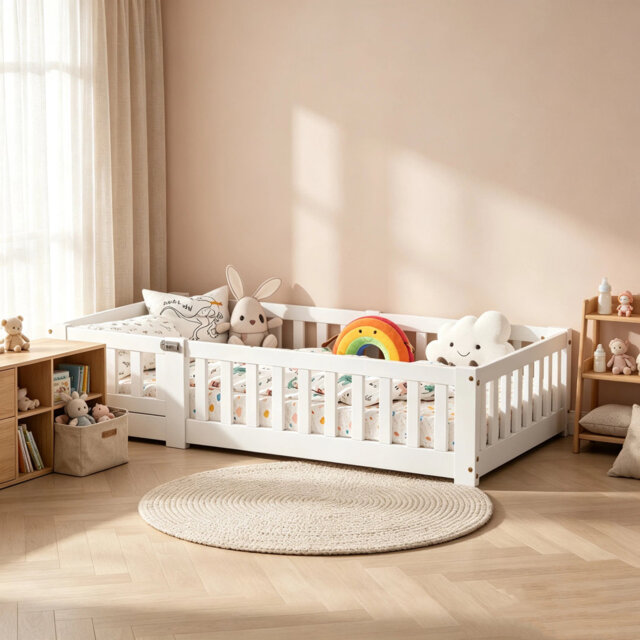 Modern Pine Montessori Floor Bed with High Safety Guardrails