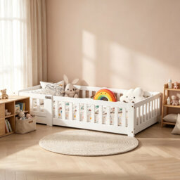 Modern Pine Montessori Floor Bed with High Safety Guardrails