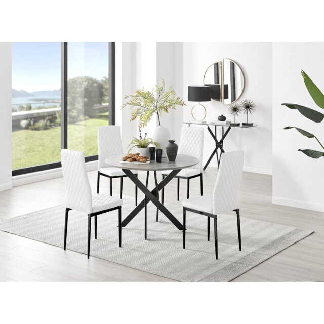 Tierra Modern Chrome Metal & Glass Round Dining Table Set with 4 Quilted Faux Leather Chairs