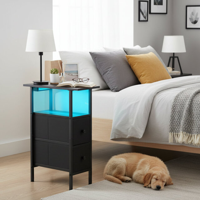 LED Narrow Side Tables Set of 2, Slim End Table with Fabric Drawer and Charging Station