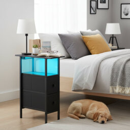LED Narrow Side Tables Set of 2, Slim End Table with Fabric Drawer and Charging Station