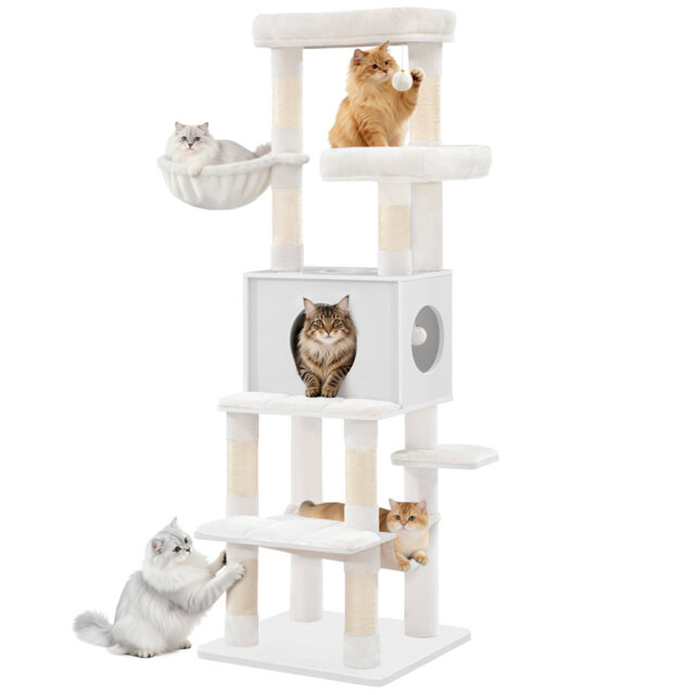 166 cm Wooden Cat Tree, Large Modern Cat Tower for Indoor Cats with 8 Scratching Posts, Removable Washable Mat, 2 Platforms, Cave, Basket, Hammock, Po