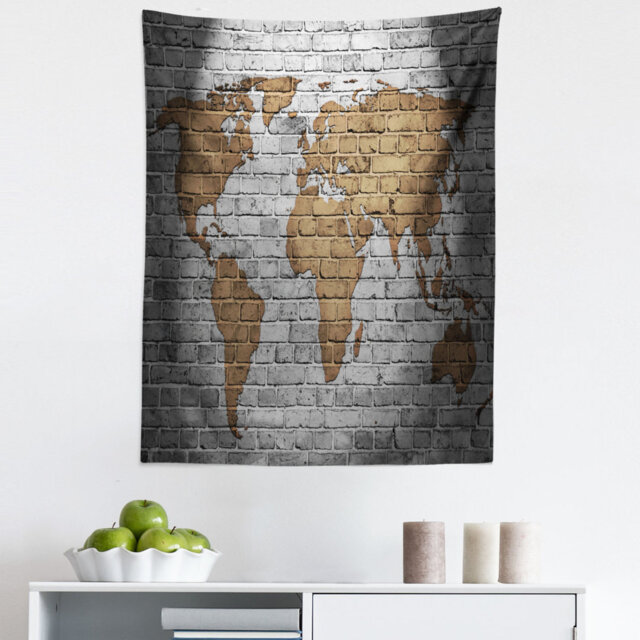 World Map on Old Brick Wall Countries Continents Aged Vintage Rough Tapestry