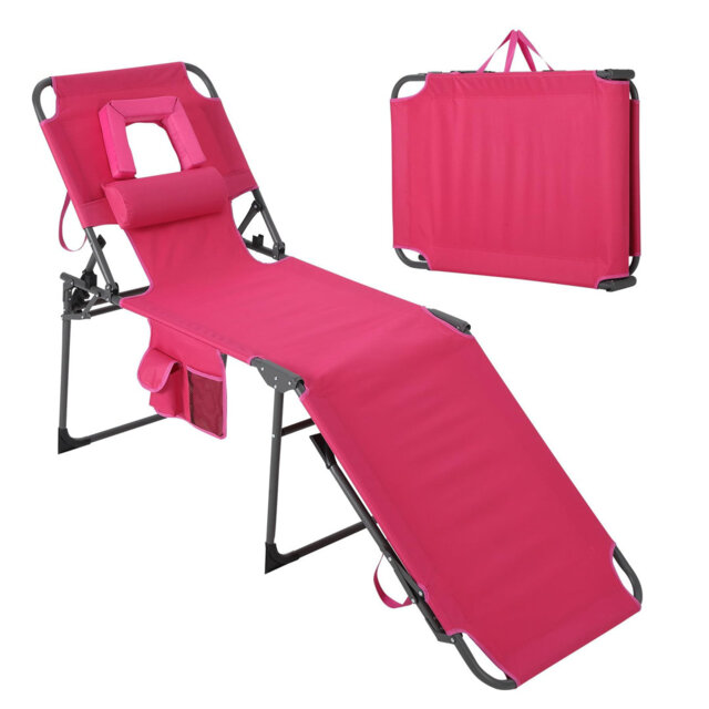 Comfortable Folding Patio Tanning Chair with Face Hole – 5-Position Adjustable Backrest, Pillow, Side Pocket, Portable Outdoor Chaise Lounge for Garde