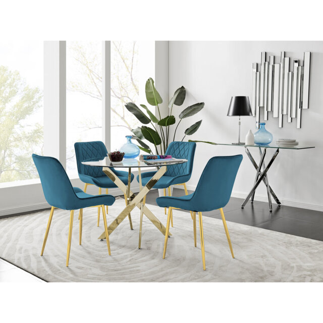 Tierra Modern Metal & Glass Round Dining Table Set with 4 Luxury Velvet Dining Chairs