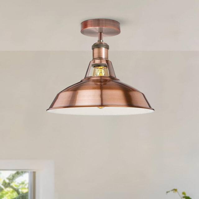 Industrial Semi-Flush Mount Ceiling Light, 30cm Vintage Metal Lampshade, Retro Farmhouse Ceiling Lamp Fixture for Kitchen, Dining Room & Living Room