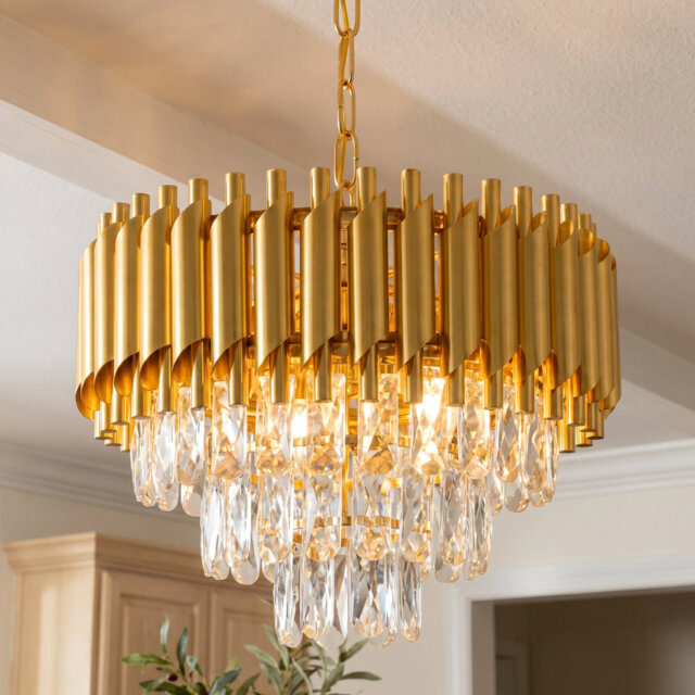 "Modern Tiered Crystal Chandelier, Gold/Black, 15.7"", E14 Base (No Bulb)"