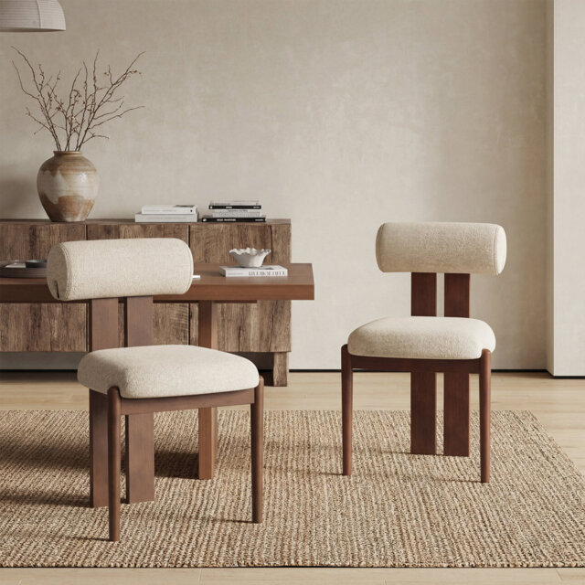 Mid-Century Modern Wooden Dining Chairs, Upholstered Fabric with Sculptural Backrest & Solid Wood Legs