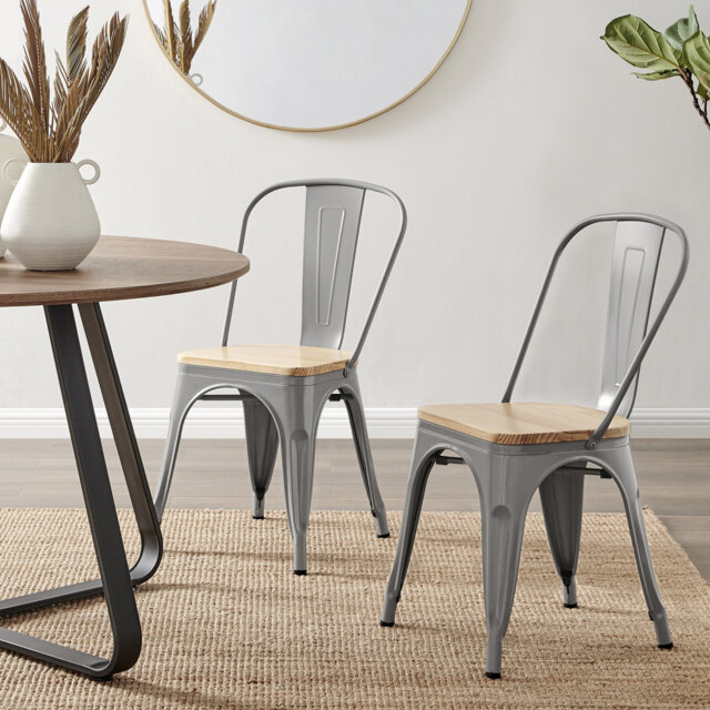 Honora Industrial Classic Metal Frame Wood Seat Dining Chair - Style Bold Colour Stackable Side Chair