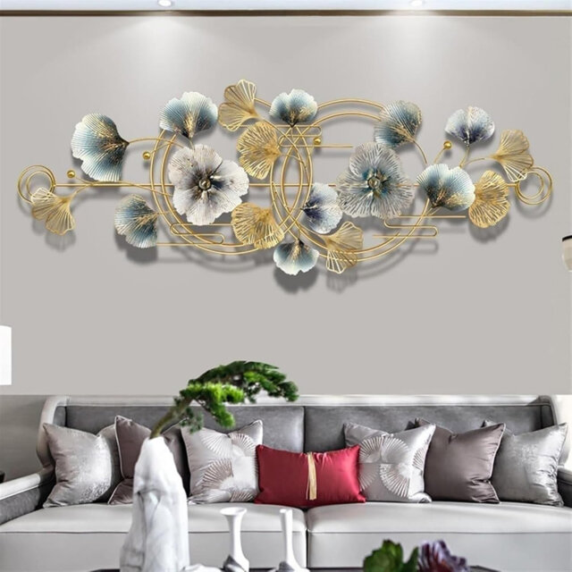 127 × 50cm Ginkgo Biloba Metal Wall Ornaments, 3D Dimensional Metal Sculpture, Ginkgo Biloba Living Room Wall Decoration Gold