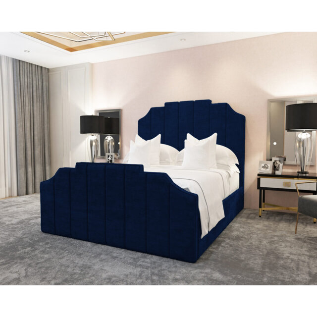 Annalei Regal Velvet Upholstered Bed Frame - Shaped Headboard, Chrome Feet