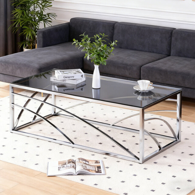 Roniqua 120cm Luxury Modern Tempered Glass Coffee Table with Stainless Steel Frame for Living Room