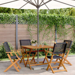 5 Piece Garden Dining Set Grey Poly Rattan And Solid Wood