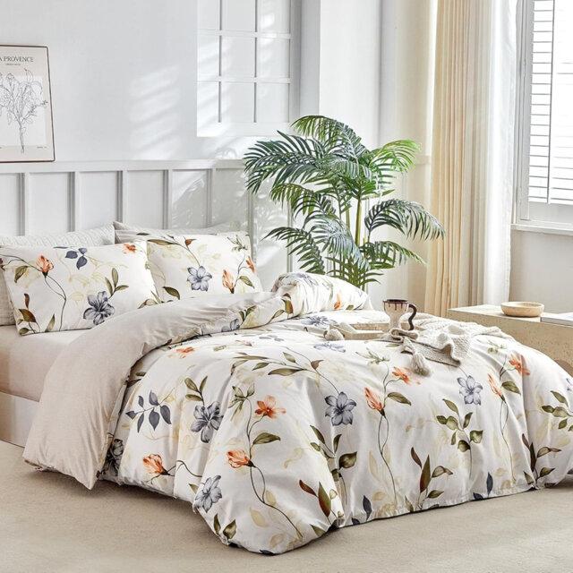 King Size Duvet Cover Sets 4 Piece Sage Green Bedding Set with Fitted Sheet - Floral Patter
