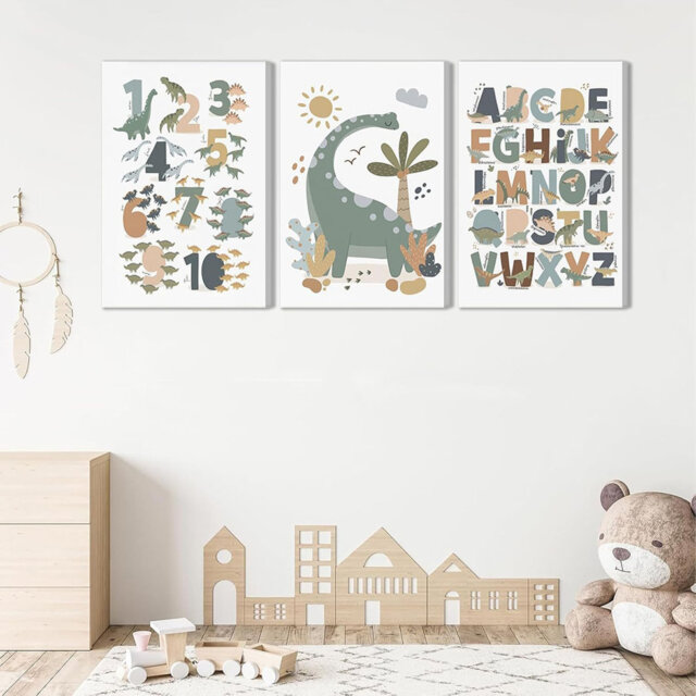 Dinosaur Alphabet Numbers Canvas Wall Art Kids Reading Room Wall Decor Pictures Nursery Prints Game Room Painting Artwork For Kids Room Playroom Class