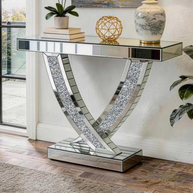 100cm Mirrored Console Table Glam Hallway Table V-Leg Narrow Sofa Table for Living Room/Entrance