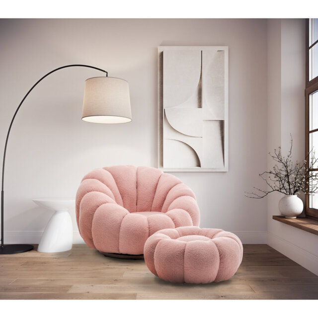 Mirielle Perse Teddy Boucle Swivel Accent Chair with Footstool