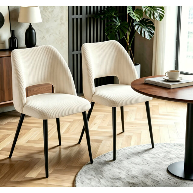 Corduroy Upholstered Dining Chair with Cutout Back and Black Metal  Legs
