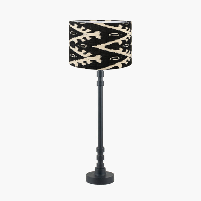 Benis Matt Black Stick Metal Table Lamp Base with Lars 30cm Cinnamon Ikat Patterned Cylinder Lampshade