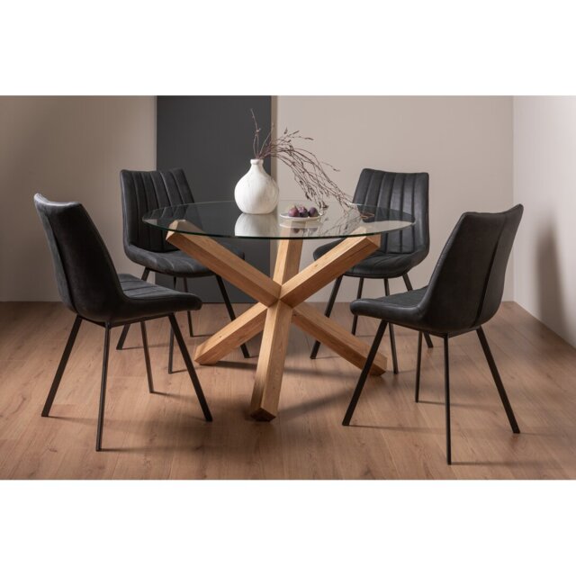 Light Oak Circular Glass Dining Table-&-4-Upholstered Arm Chair Quilted With Diamond Stitched Pattern & Dark Grey Faux Leather  (Pair)