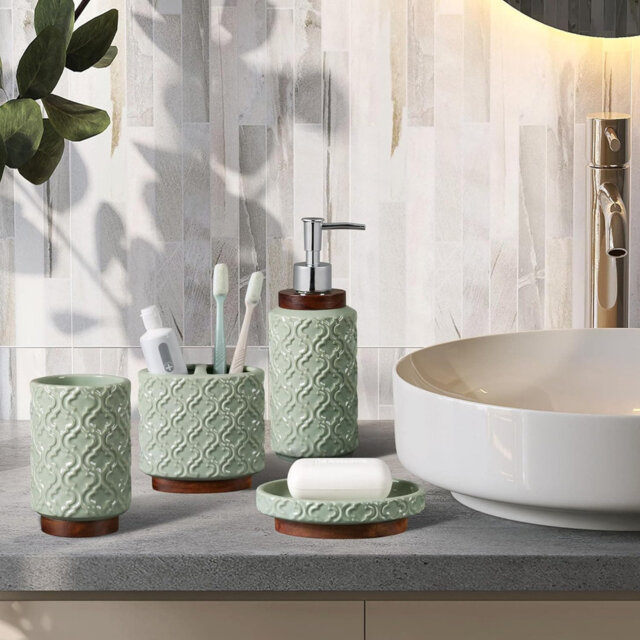 Green Ceramic Bathroom Accessory Set (4-Piece) - Toothbrush Holder, Soap Dispenser, Dish, Tumbler