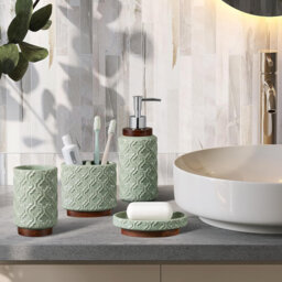 Green Ceramic Bathroom Accessory Set (4-Piece) - Toothbrush Holder, Soap Dispenser, Dish, Tumbler