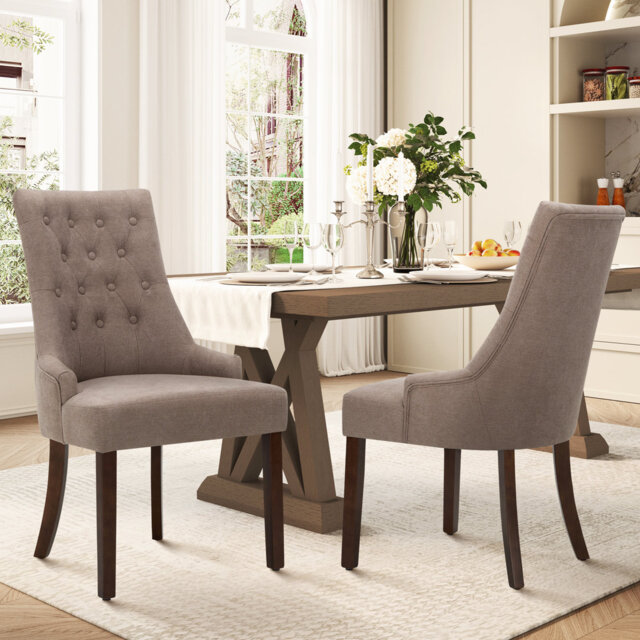 Set of 2 Wingback Dining Chairs, Solid Wood Frame with Linen-Textured Upholstery & Tufted Back