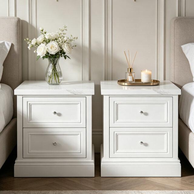 Vcswc 60Cm 2 Drawers Faux Marble Top Bedside Cabinets Fully Assembled Freestanding