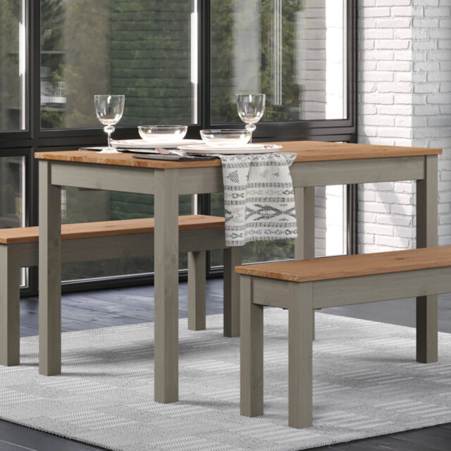 Lucian Rectangular Dining Table, split top plank design, grey and antique wax finish