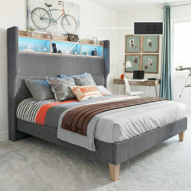 Upholstered Platform Bed Frame with 130CM Tall Headboard, LED Lights & Charging Station, Corduroy Upholstered Platform Bed with Storage Shelf, No Box