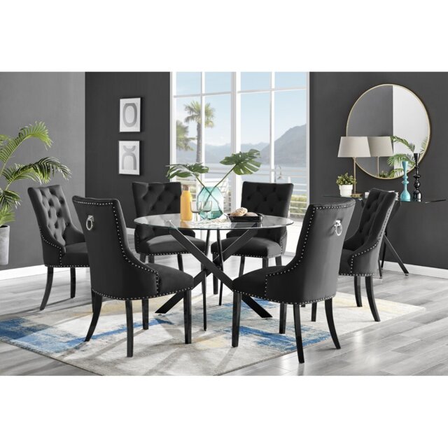 Novara Black Leg 120Cm Round Glass Dining Table & 6 Black Belgravia Black Leg Chairs