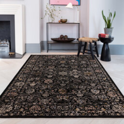 Black Traditional Bordered Luxurious Easy To Clean Rug For Dining Room Bed Room And Living Room