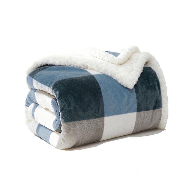 Sherpa Fleece Throw Blanket Reversible Plush Fluffy Lattice Flannel Blankets,200x150cm,Grey Blue