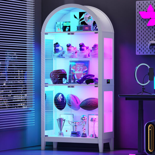 175cm H x 75cm W Modern Arched Glass Bookcase with RGB LED Lighting & Removable Shelves