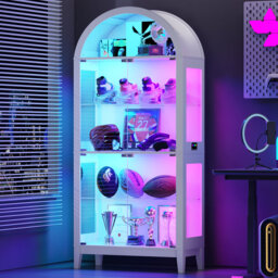 175cm H x 75cm W Modern Arched Glass Bookcase with RGB LED Lighting & Removable Shelves
