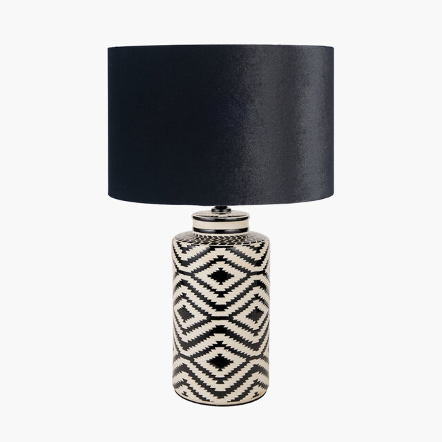 Batruk Black and White Tall Ikat Ceramic Table Lamp Base with Bow 40cm Black Velvet Cylinder Lampshade