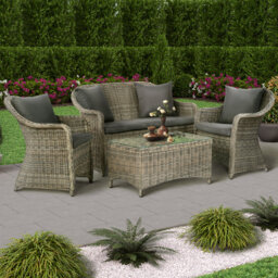Regent Rattan 4 Person Sofa Set With Glass Coffee Table - Luxury Outdoor Range - Durable Brown Weave - Dark Grey Cushions Included