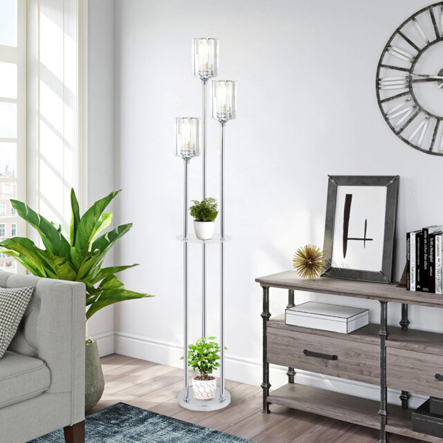 Modern 3-Light Crystal Floor Lamp with Shelves, Chrome Standing Lamp for Living Room & Office