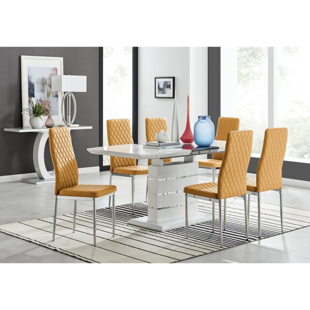 Renne Modern High Gloss Extendable Dining Table Set With 6 Quilted Faux Leather Dining Chairs