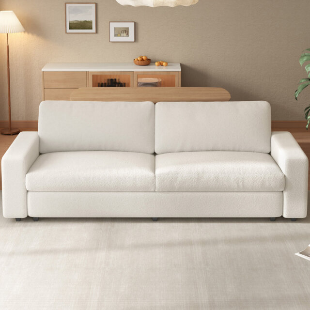 212cm Beige Teddy Fleece 3-Seater Sofa, Deep Seat Sofa with Wide Armrests for Living Room