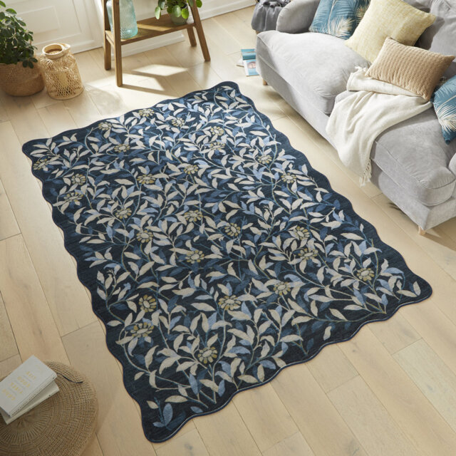 Floral Blue Washable/Stain Guarded Area Rug