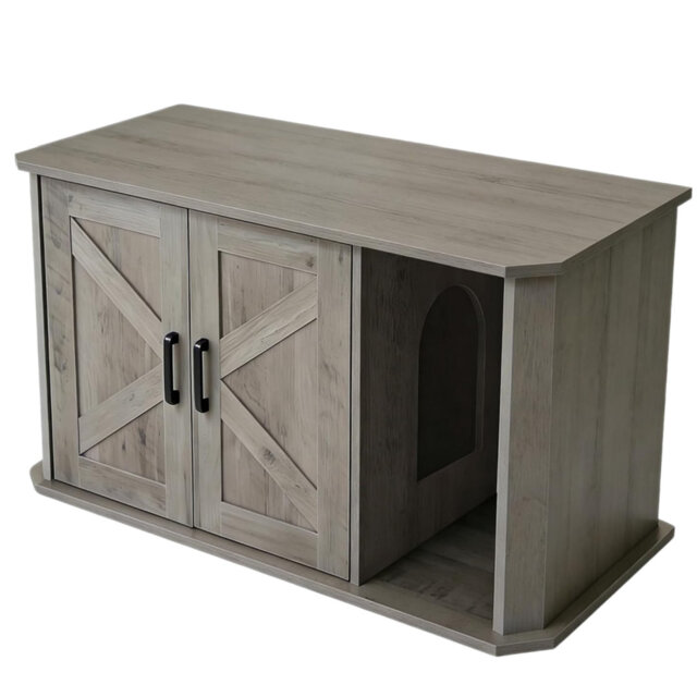 Hidden Cat Litter Box Enclosure Furniture, Wooden Cat Washroom Cabinet with Double Doors & Side Entry, Modern Pet House End Table