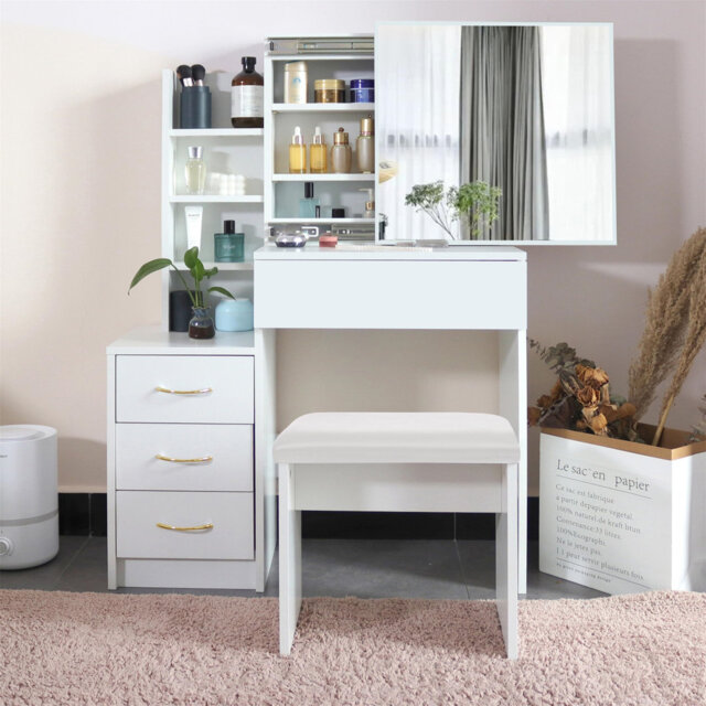Dressing Table With Mirror And Stool, Vanity Makeup Table, 4 Drawer 3 Shelves Storage Unit Cosmetic Bedroom Dresser Make Up Desk Stool For Bedroom Fur
