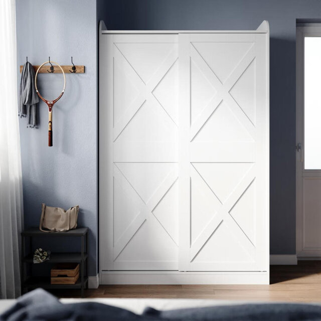 186*118*50 Modern Wardrobe with 2 Sliding Doors, Multifunctional Storage for Bedroom, Matt White