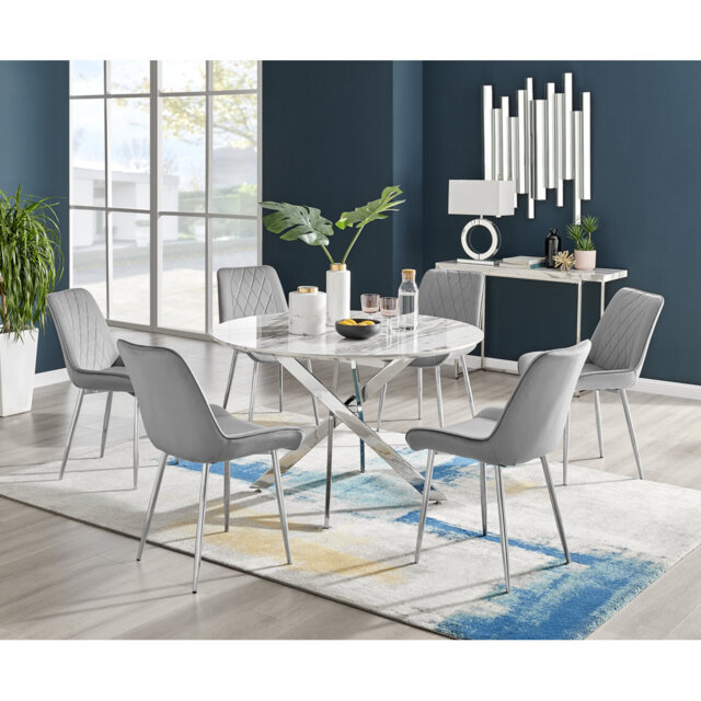 Tierra Modern Chrome Metal & Glass Round Dining Table Set with 6 Luxury Faux Leather Chairs