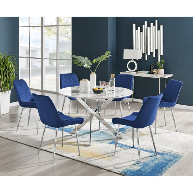 Tierra Modern Chrome Metal & Glass Round Dining Table Set with 6 Luxury Faux Leather Chairs
