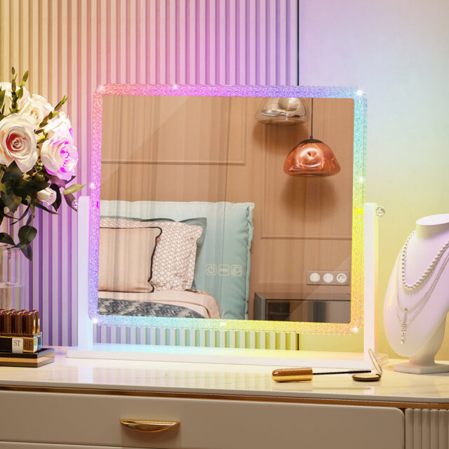 RGB Crystal Framed Vanity Mirror with Lights, 360 Degree Rotation Dressing Table Makeup Mirror