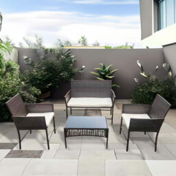 4-piece Garden Sofa Set, Table & Chairs, Wicker Outdoor Rattan Patio Furniture